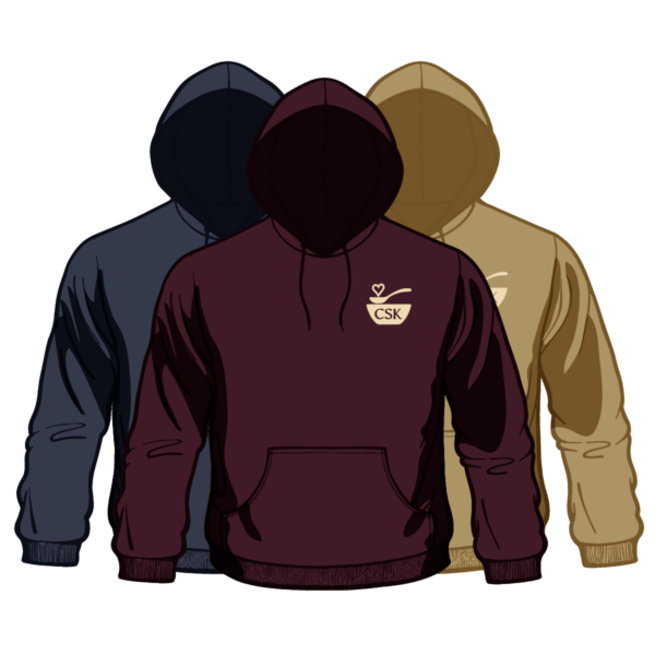 CSK hoodie, shown in maroon, blue and tan
